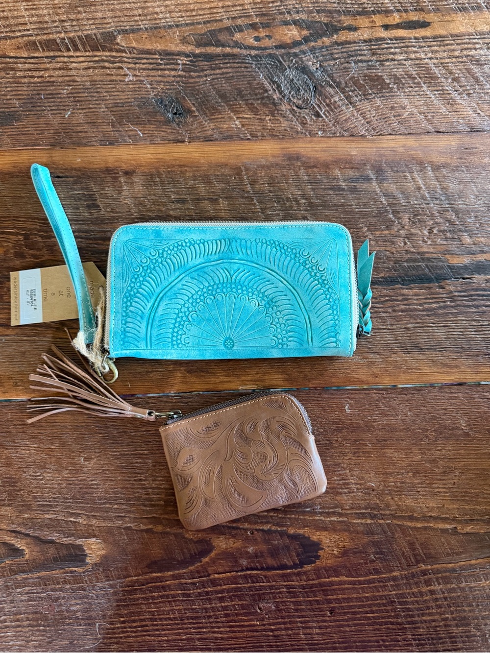 Turquoise Tooled Wristlet Wallet with Brown Tooled Coin Pouch